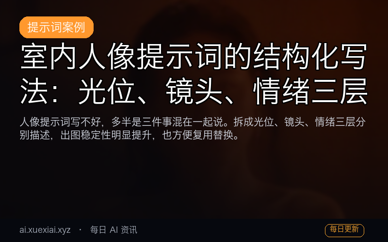室内人像提示词的结构化写法：光位、镜头、情绪三层